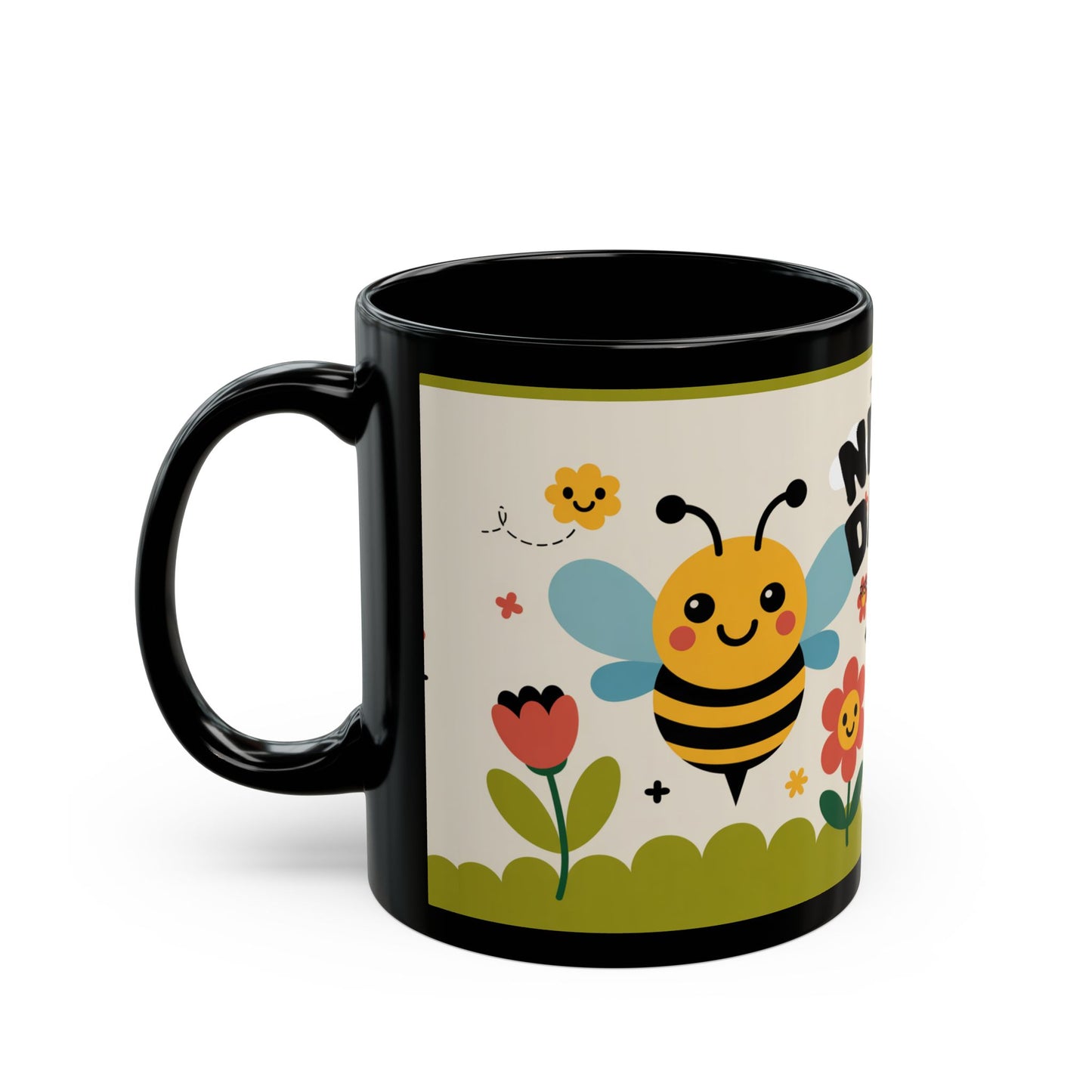 Bee Happy Floral Black Mug, Cute Bee Mug, Garden Lovers Gift, Coffee Cup, Nature Lover Decor, Spring Themed Drinkware