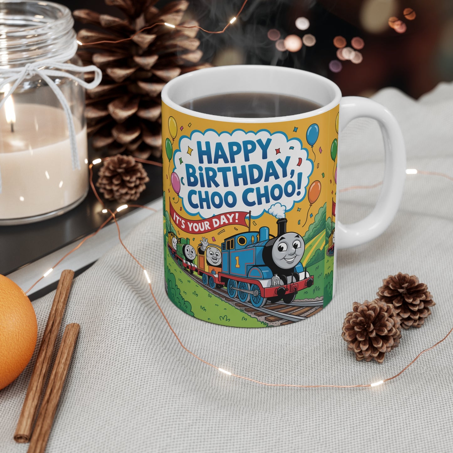 Birthday Train Mug, Happy Birthday Mug, Choo Choo Coffee Cup, Kids Birthday Gift, Thomas the Tank Engine Mug