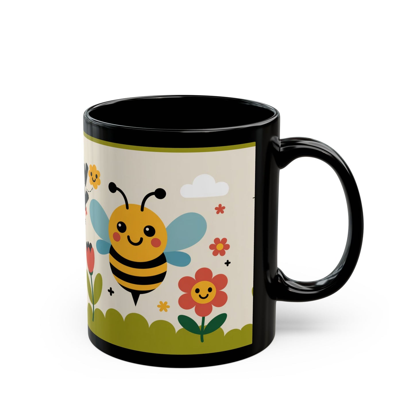 Bee Happy Floral Black Mug, Cute Bee Mug, Garden Lovers Gift, Coffee Cup, Nature Lover Decor, Spring Themed Drinkware