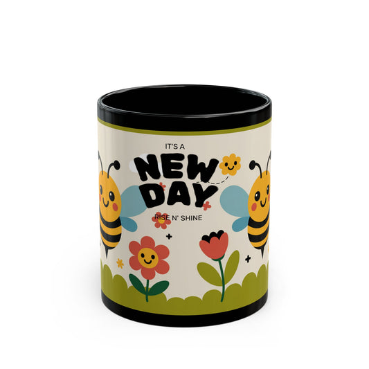 Bee Happy Floral Black Mug, Cute Bee Mug, Garden Lovers Gift, Coffee Cup, Nature Lover Decor, Spring Themed Drinkware