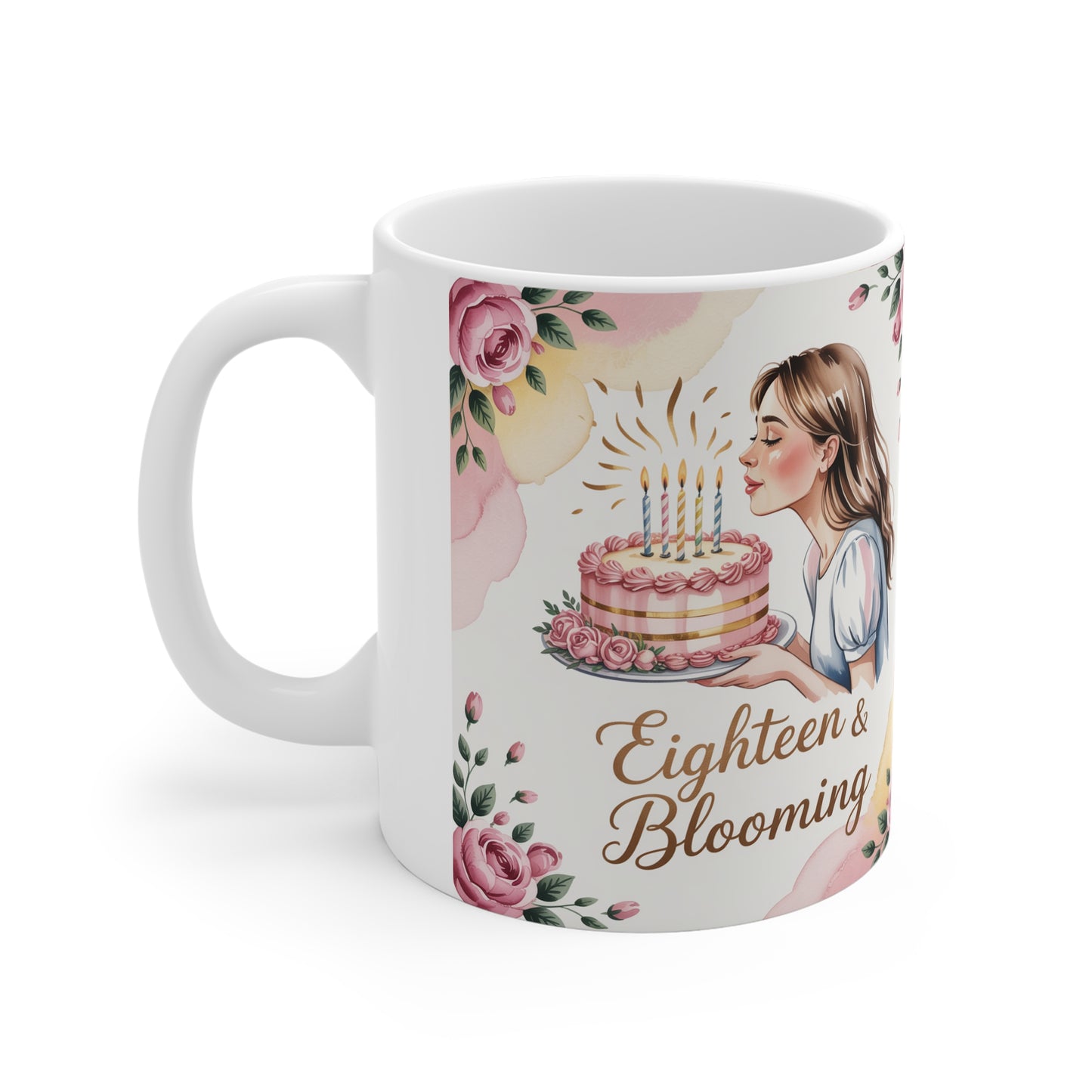 Floral Birthday Mug for Sweet Sixteen Celebrations, Gift for Her, Eighteen & Blooming, Elegant Tea Coffee Cup