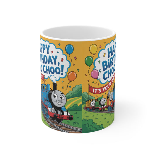 Birthday Train Mug, Happy Birthday Mug, Choo Choo Coffee Cup, Kids Birthday Gift, Thomas the Tank Engine Mug