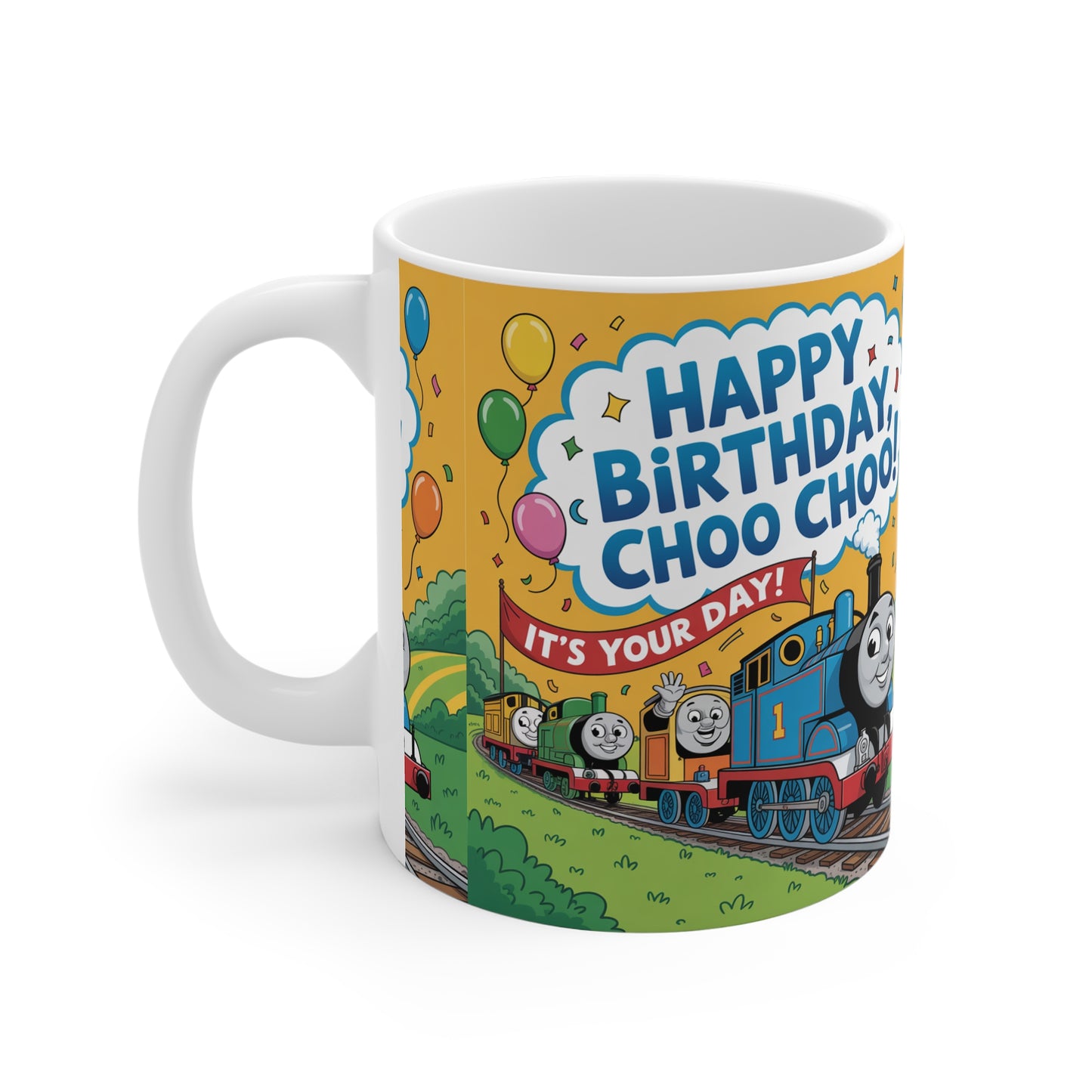 Birthday Train Mug, Happy Birthday Mug, Choo Choo Coffee Cup, Kids Birthday Gift, Thomas the Tank Engine Mug