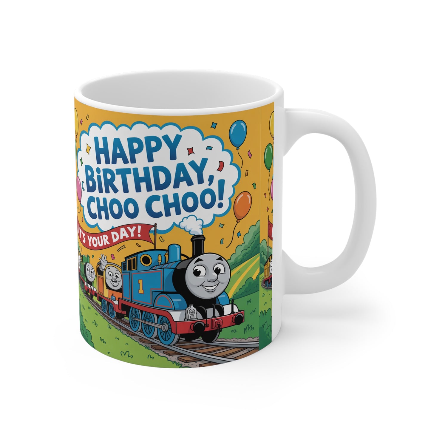 Birthday Train Mug, Happy Birthday Mug, Choo Choo Coffee Cup, Kids Birthday Gift, Thomas the Tank Engine Mug