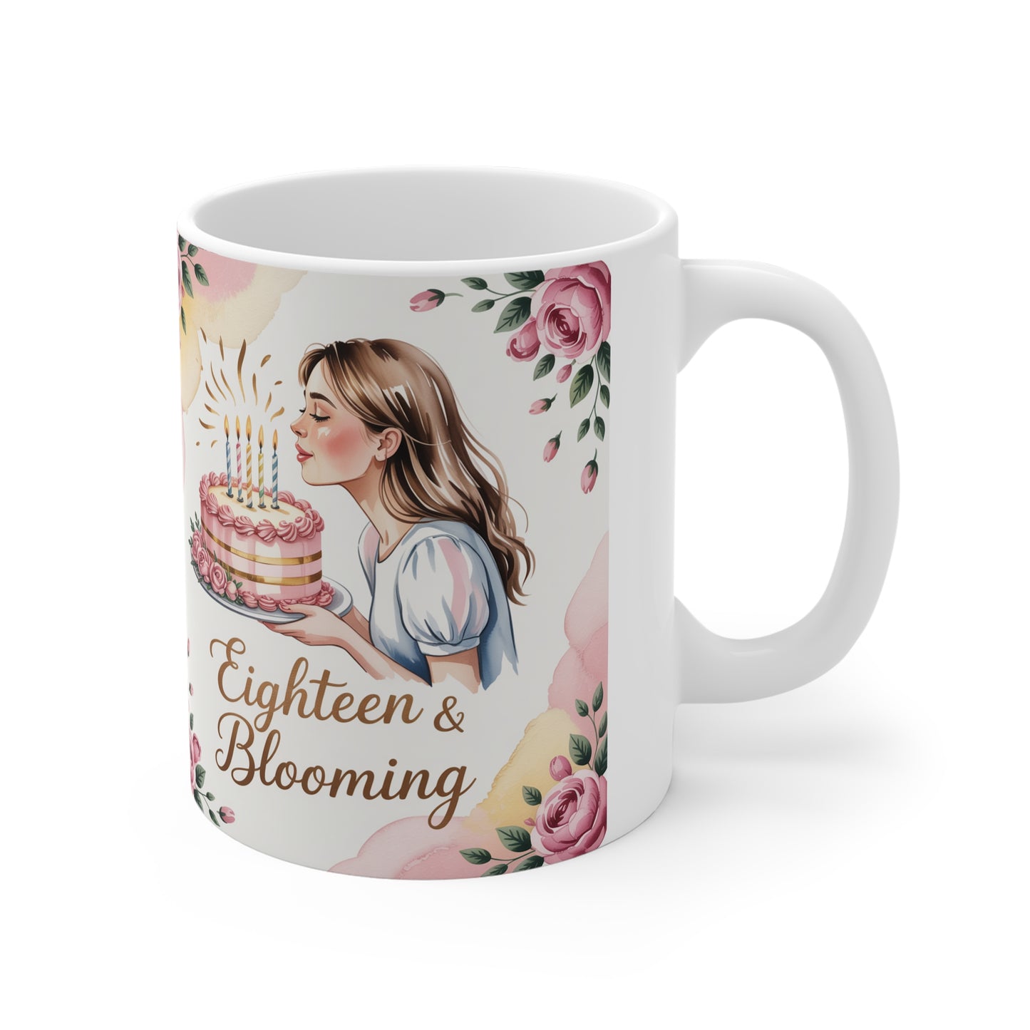 Floral Birthday Mug for Sweet Sixteen Celebrations, Gift for Her, Eighteen & Blooming, Elegant Tea Coffee Cup