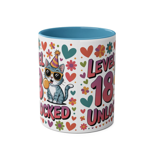 Colorful Cat Birthday Mug, Level 18 Unlocked, Cute Gift for Cat Lovers, Fun Celebration Mug, Unique Coffee Cup