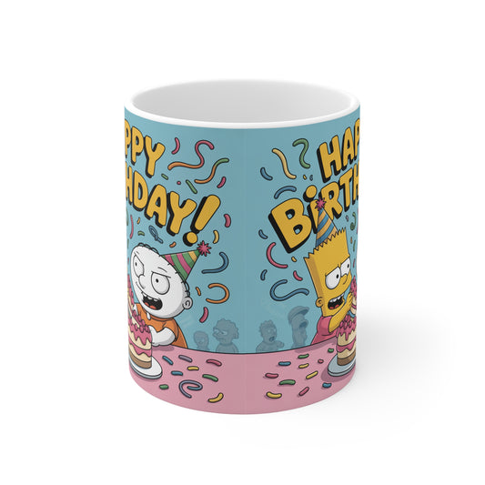 Happy Birthday Mug, Fun Party Mug, Cartoon Character Gift, Birthday Celebration Drinkware, Unique Gift for Him/Her