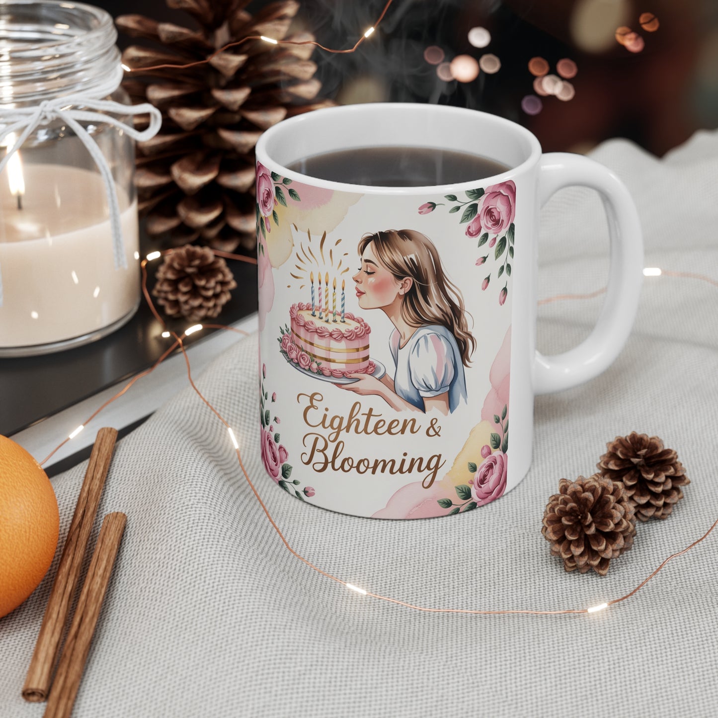 Floral Birthday Mug for Sweet Sixteen Celebrations, Gift for Her, Eighteen & Blooming, Elegant Tea Coffee Cup